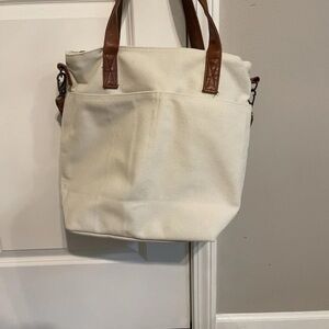 Cream and Brown Casual Tote Bag with Leather Straps